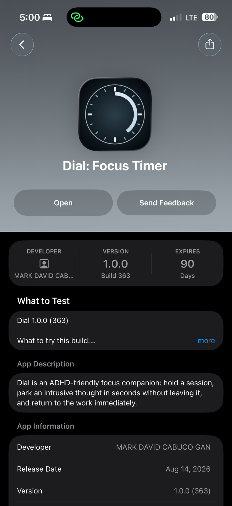The TestFlight page for Dial after it has installed. Tap Open.