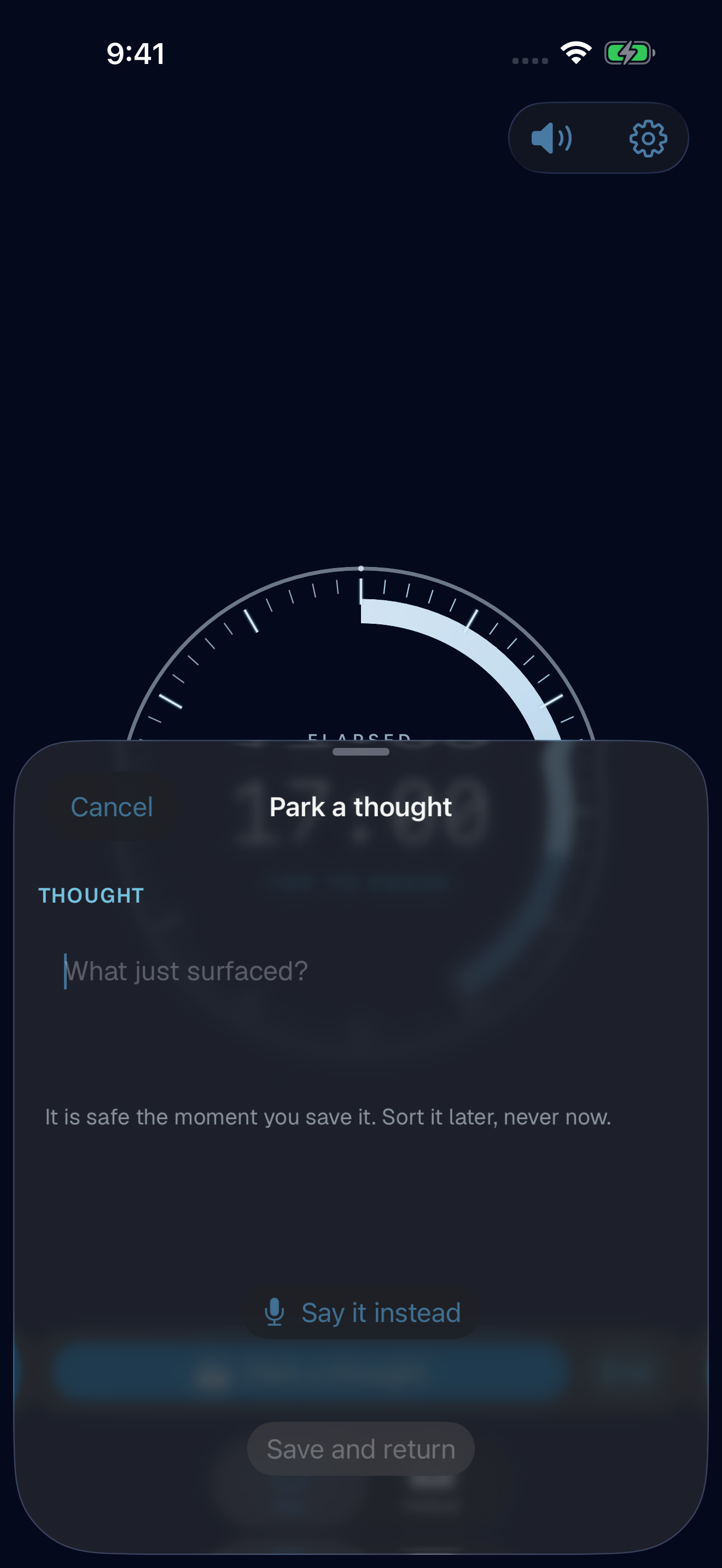 Dial’s Park a thought sheet over a visibly running Session.