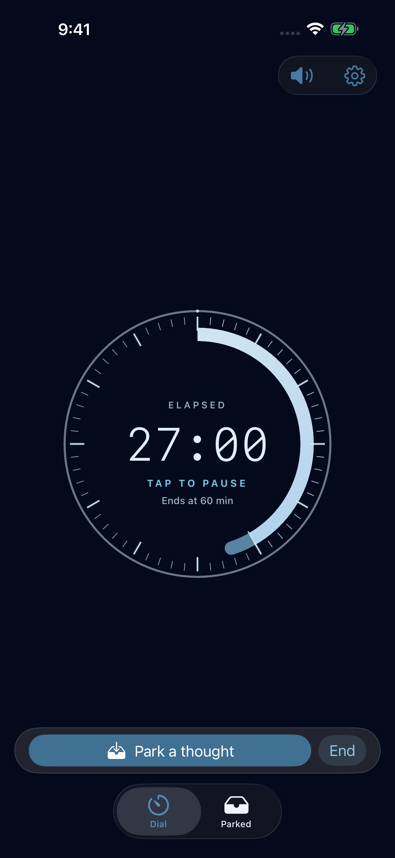 Dial quietly continuing at 27 minutes elapsed, beyond a 25-minute plan.
