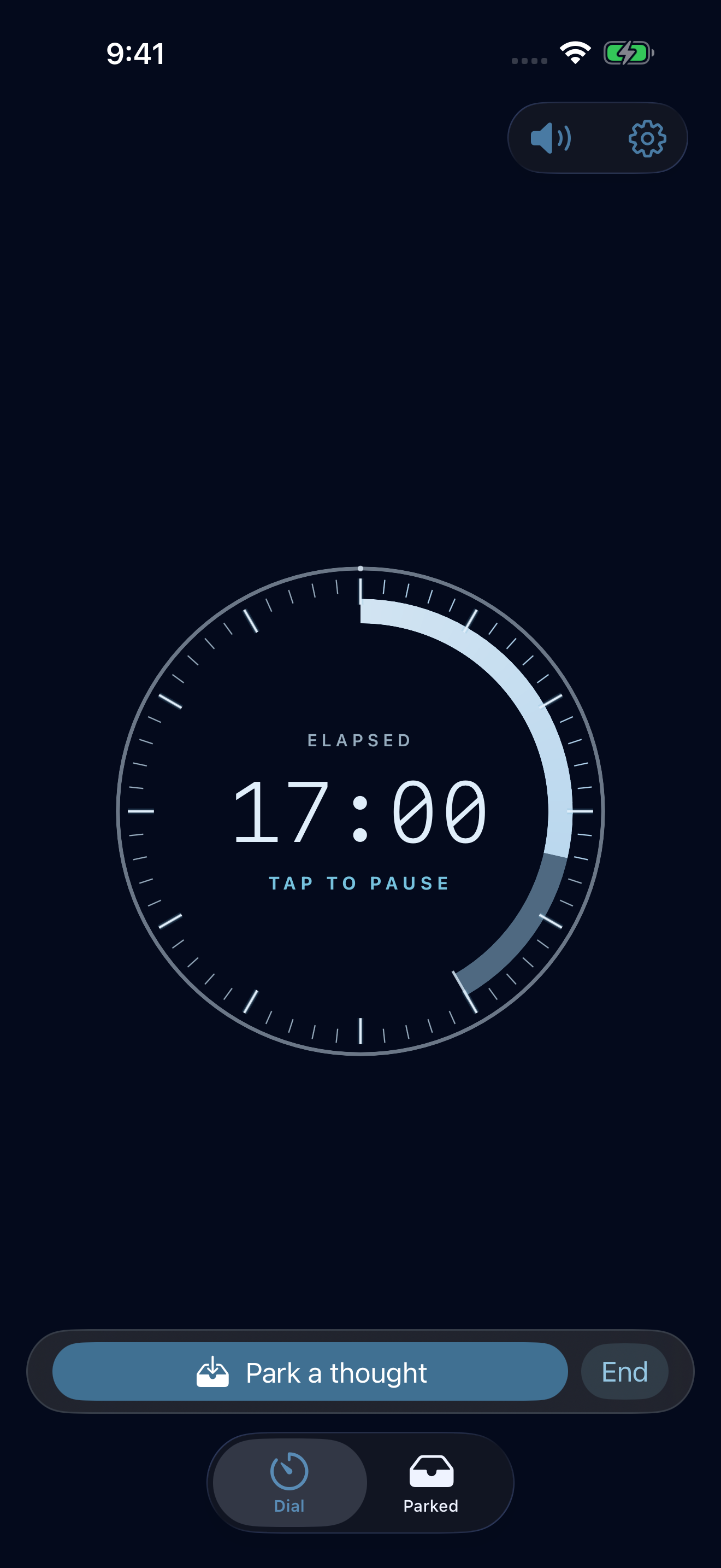 Dial at 17 minutes elapsed with the running Session, Park a thought, and End session actions visible.