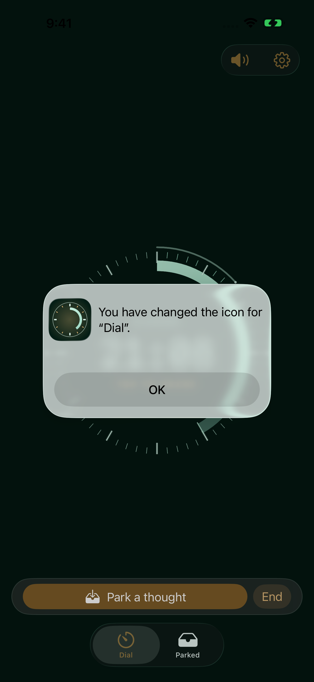 Dial at about twenty-one minutes elapsed in Calm: mint time and dial marks with a warm sand Park accent.